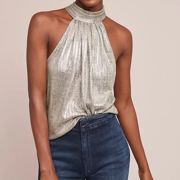 Maeve Tops - Maeve NWT Metallic Tie Back Medium Gold Silver Halter Dress Top Anthropologie